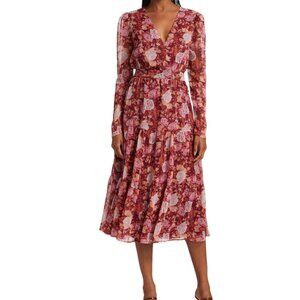 Wayf Roxanne Floral Midi Dress 3X Burgundy Floral Chiffon Tiered Sheer